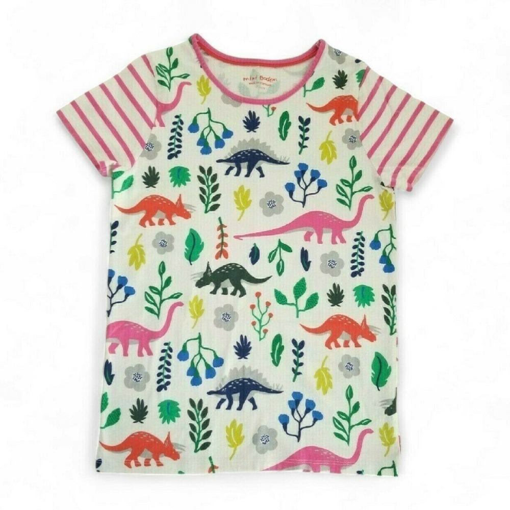 Mini Boden Florasaurus Tee EUC 11-12 Y Girls White Multi Dinosaur Print Striped